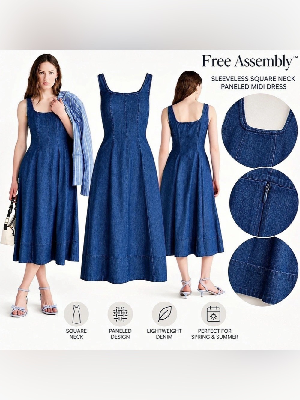 NWT Free Assembly Sleeveless Square Neck Midi Dress Blue Denim
